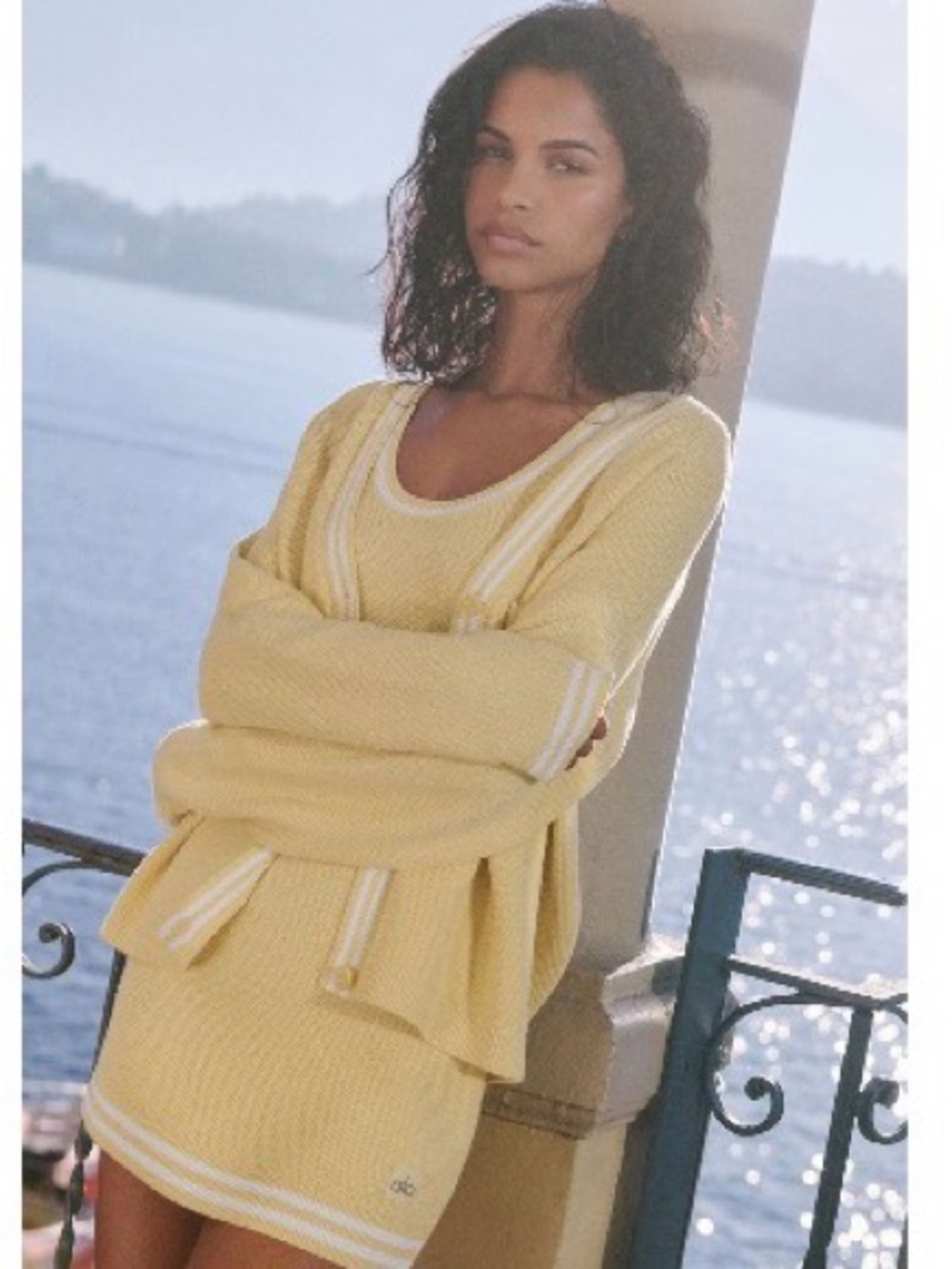 ALO Lemon Yellow Knit Cardigan + Dress with White Stripe Trim (selling both)